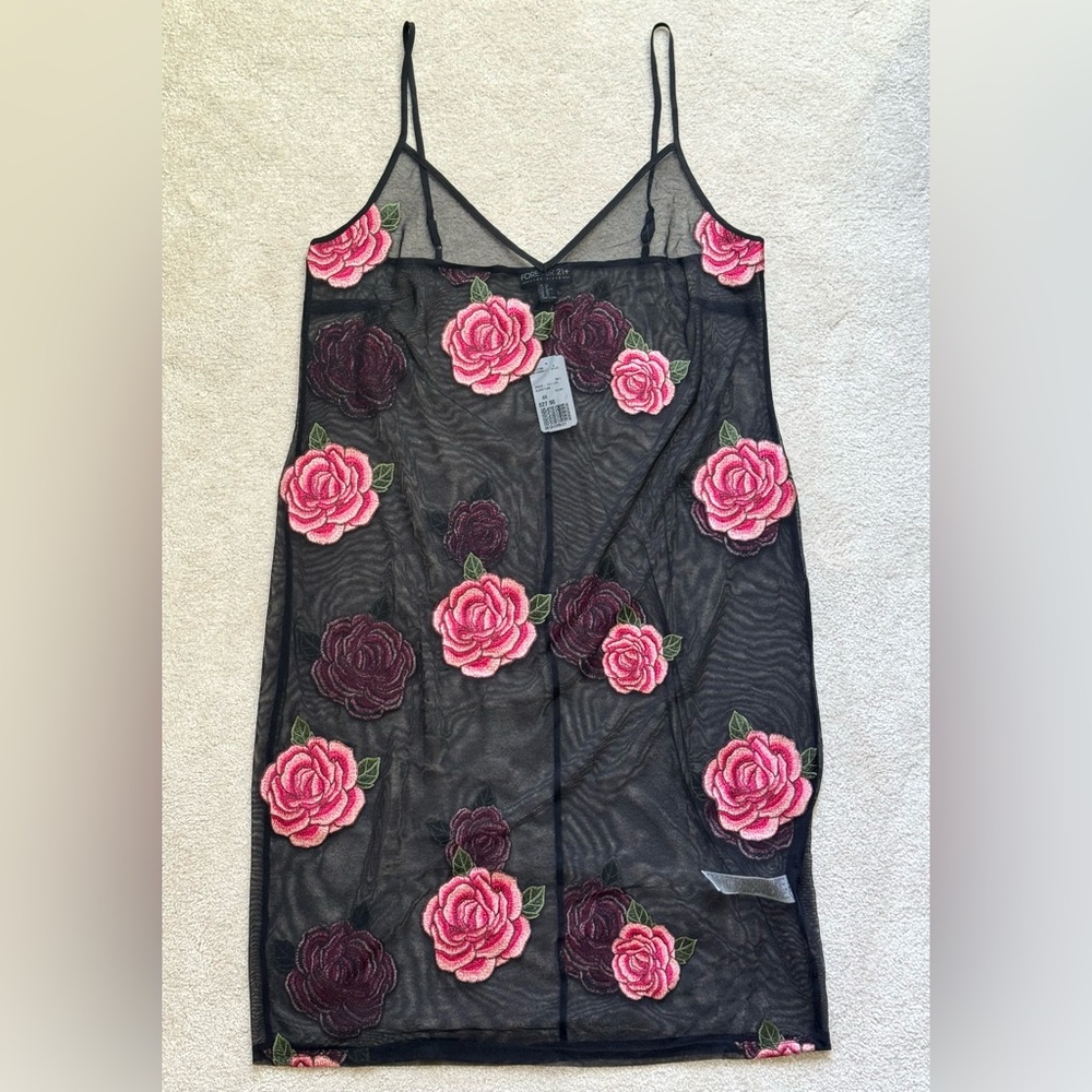 Forever 21 Sheer Lace Black Pink Roses Strap Dress - Size 0X - NWT